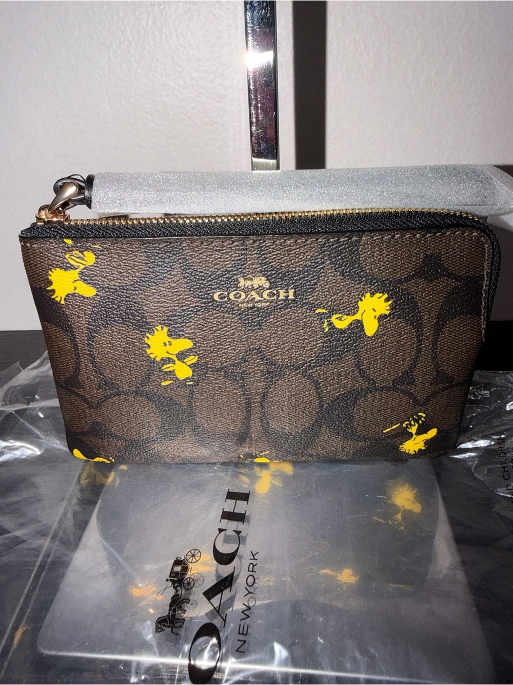 Coach Peanuts Corner Zip Wristlet Signature Canvas With Woodstock Print NWT